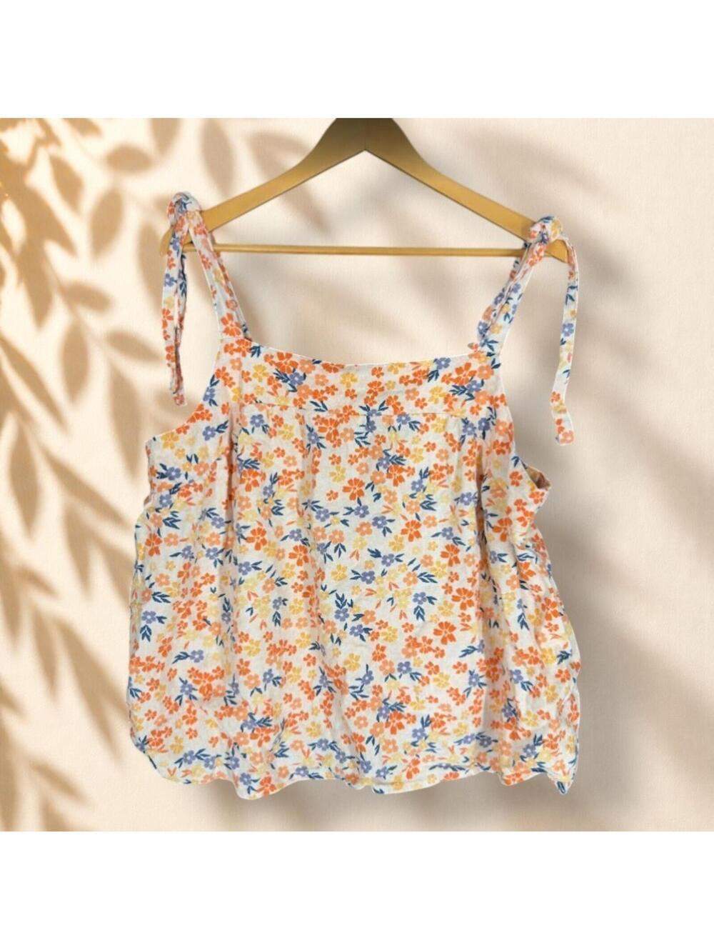 Sonoma Top Women XL White Floral Sleeveless Wide Strap Square Neck Linen Casual